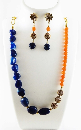 Carnelian Gemstone Beads and Blue Agate Necklace Set