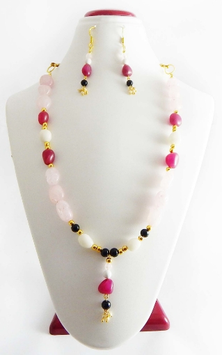 Gem Stones Tumbles, Rose Quartz, Ruby Agate And White Agate Necklace and Earrings Set