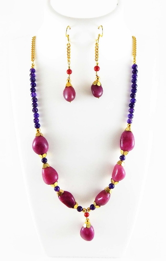 Amethyst Gemstone Beads & Ruby Agate Tumble Necklace Set