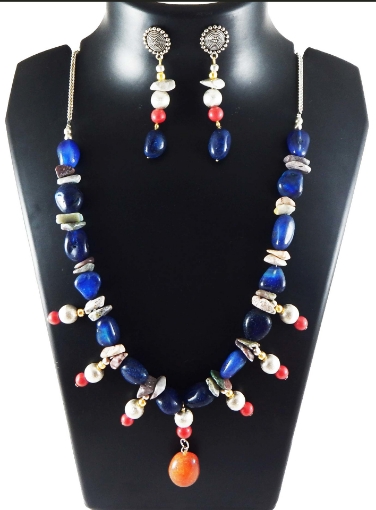 Blue Agate Tumble & Red Coral Beads Necklace Set