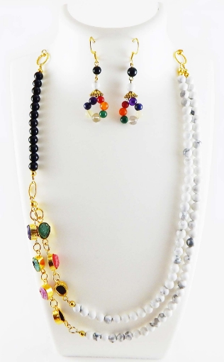 Howlite & Black Onyx Gemstone Beads Two Lines Necklace Set