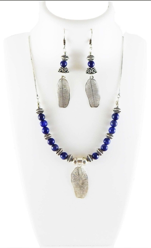 Lapis Lazuli Gemstone Beads Silver Pendant Necklace Set