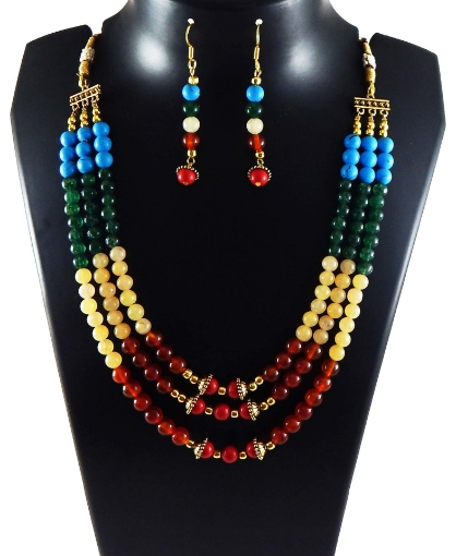 Three Line Gemstone Beads Necklace Set