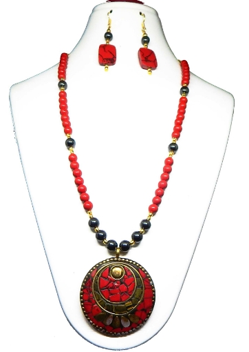 Red Coral & Haematite Gemstone Beads with Pendant Necklace