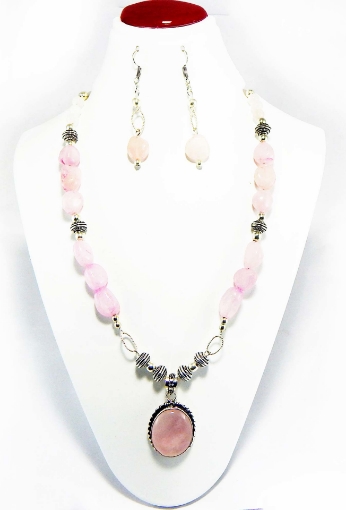 Rose Quartz Tumble & Gemstone Beads with Rose Quartz Pendant Necklace Set