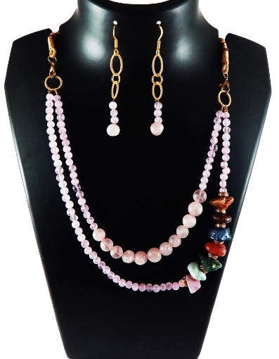 Rose Quartz Two Line Gemstone Stone Beads Necklace Set