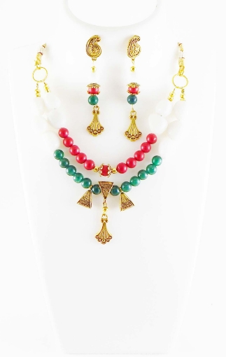 Green Aventurine & Red Coral Gemstone Beads Necklace Set