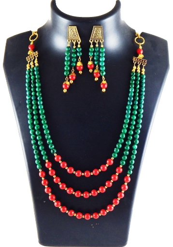 Malachite & Red Coral Gem Stone Beads 3 Line Necklace Set