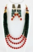 Malachite & Red Coral Gem Stone Beads 3 Line Necklace Set