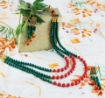 Malachite & Red Coral Gem Stone Beads 3 Line Necklace Set