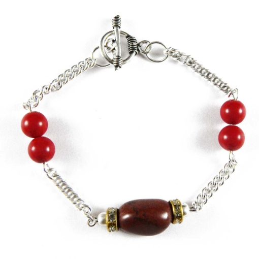 Gemstone Red Jasper & Coral Beads Bracelet