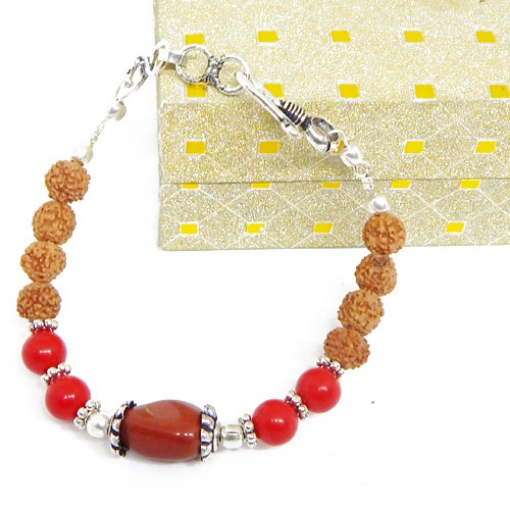 Red Jasper Tumble, Coral Beads & Rudraksha Beads Bracelet