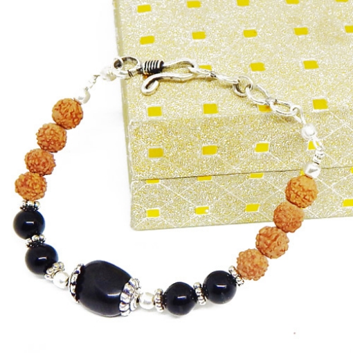 Black Agate Tumble, Beads & Rudraksha Beads Bracelet