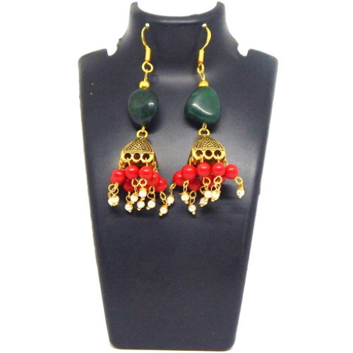 Green Aventurine Tumble and Red Coral Beads Earrings
